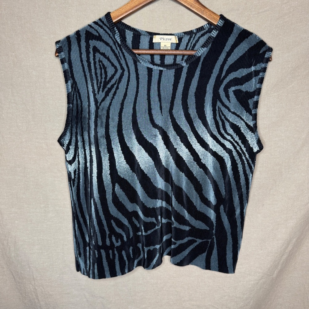Plisse Womens XL Zebra Print Pleated 2 Piece Set Cardigan Tank Silver Black 90s